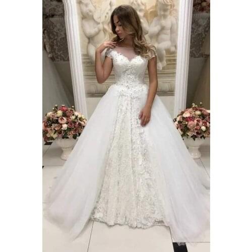 Thinyfull Elegant Cap Sleeve Wedding Dresses O Neck A Line Bride Dresses Tulle Lace Up Lace Appliques Vestido De Novia 2020