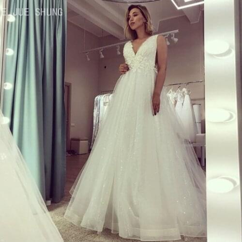 E JUE SHUNG Sparkle White Sequin Wedding Dresses V Neck Sleeveless Lace Appliques Organza Bridal Wedding Gowns robe de mariee