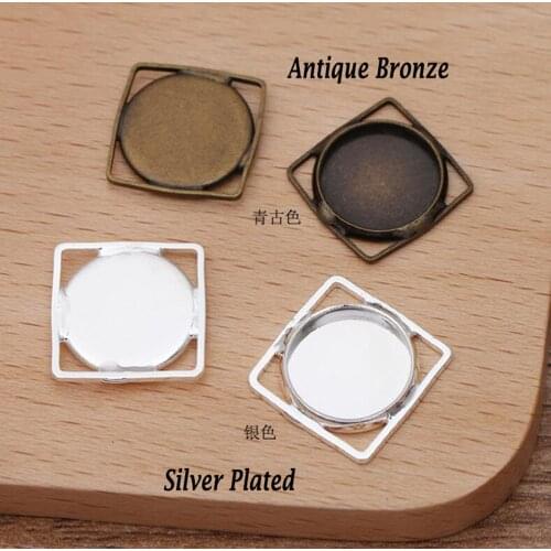 100pcs silver plated antique bronze into 12mm tray 14mm square bezel blank pendant base cabochon settings
