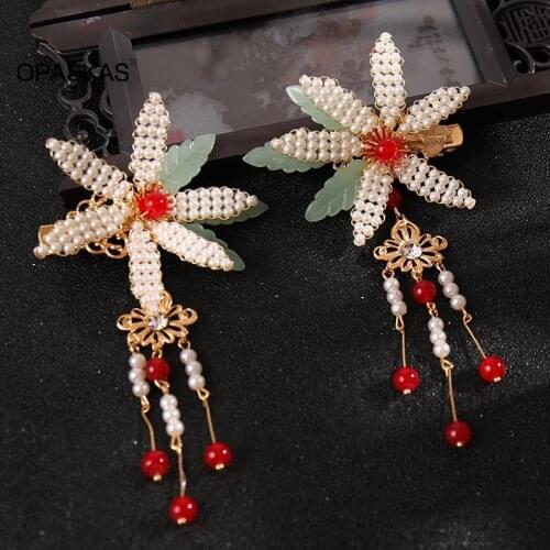 2pcs Handmade Beaded Leaf Hairpin with Tassel Chinese Style Cute Vintage Headdress Hanfu Clothing Accessories for Girls PT