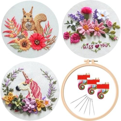 3 Pcs Spring Embroidery Starter Kit, 1 Hoop, Embroidery Clothes with Pattern, Color Threads and Tools, English Instructions