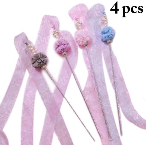 4PCS Cat Teaser Wand Plush Ribbon Pompom Cat Interactive Toy Cat Teaser Toy Pet Accessory