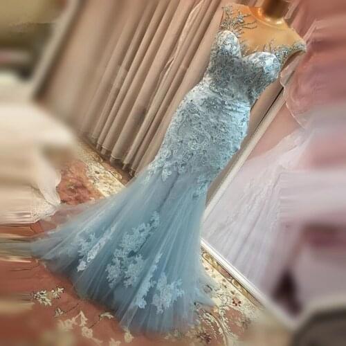 Lace Appliques Long Formal Party Dress Robe De Soiree Abiye Prom Gowns Modest Sky Blue Crystal Mermaid Evening Dresses 2021