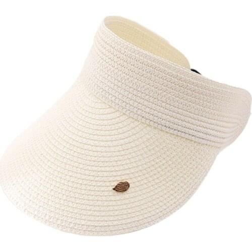 Women Summer Woven Straw Empty Top Sun Hat Visors Wide Brim Leaves Decor Solid Color UV Protection Roll-Up Beach Cap 066F