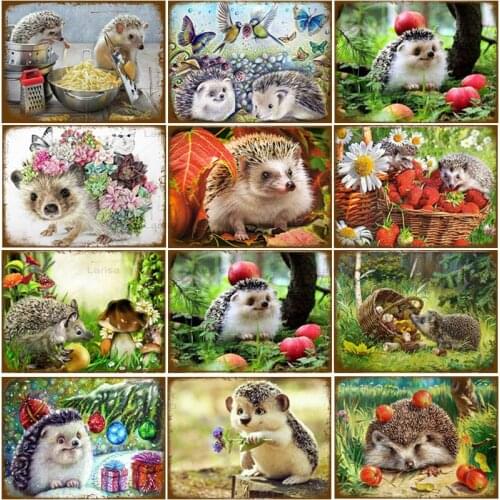 Home Bar Cafe Vintage Metal Hedgehog Tin Signs Animal Retro Decorative Plate Hedgehog Childhood Art Stickers Poster Wall Decor