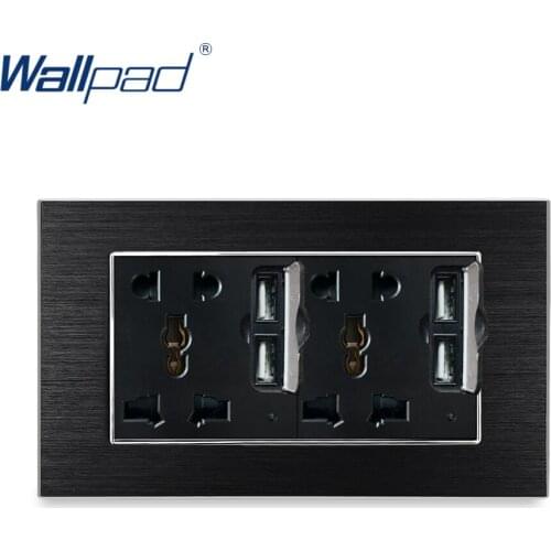 Double 5 Pin Socket With 2 USB Charger Wallpad Luxury Wall Socket Satin Metal Panel 146*86mm Power Outlet
