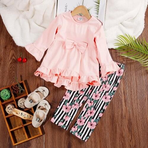 PatPat Long-sleeve Tee and Floral Print Striped Pants Set