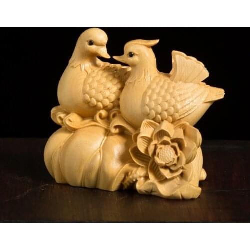 CCZHIDAO Mandarin Duck Lucky Birds 5cm Chinese Boxwood Solid Wood Figurine Carved Chinese Style Feng Shui New Married Gift