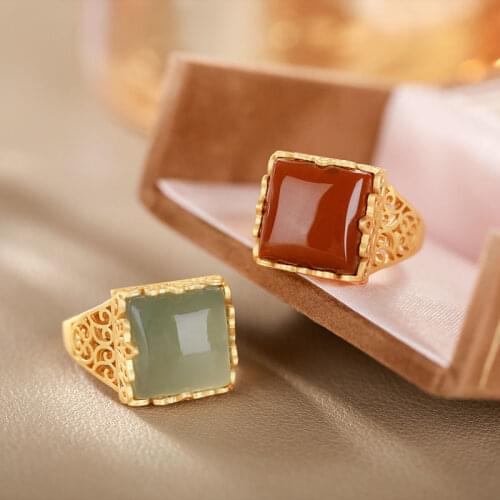 S925 Sterling Silver Square Ring Inlaid Natural South Red Gray Jade Personality Ring Retro Geometric Ring Ornament for Women
