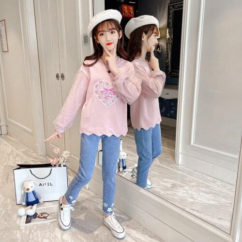 New Arrivals Teen Girls Fashion Clothes Set Cute Sweatshirt Top+Jeans Heart Pattern High Quality Children Casual Outfits 4-14Yrs