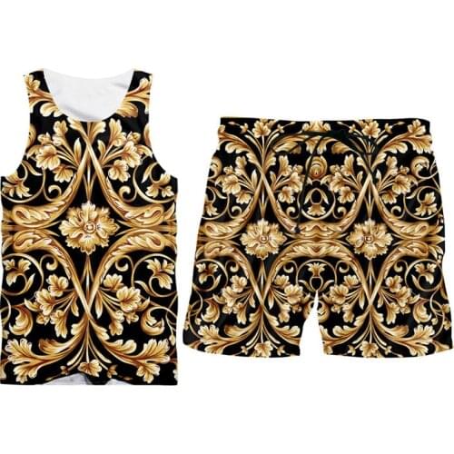 Newest 3D Mens Sets Tank Top + Shorts Set Male Summer 3D golden Flowers Printed Sportsuit Set Street Casual Hip Hop Tracksuits