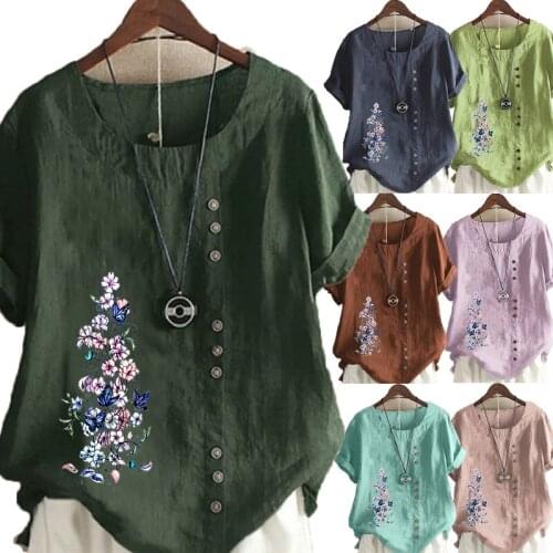 Summer Casual Floral Printed Loose T-shirts Vintage Cotton and Linen O-Neck Plus Size Short Sleeve Blouse Tops For Women S-5XL
