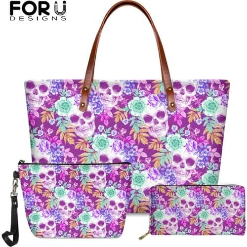 FORUDESIGNS Neon Skull Floral Pattern Printing Handbags For Women Casual Tote Bag Pu Leather Purse Makeup Bag Large Bolso Mujer