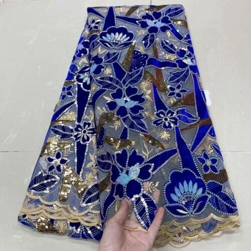 New Blue Nigerian French Velvet Lace Fabric With Sequence 2021 High Quality African Velvet Lace Fabric For Wedding Party Lace JY