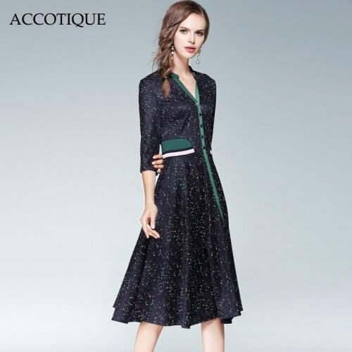 2017 New Fashion Womens Autumn Single-breasted Knitted Patchwork Dress Female Elegant V-Neck Printed Slim Long Dress