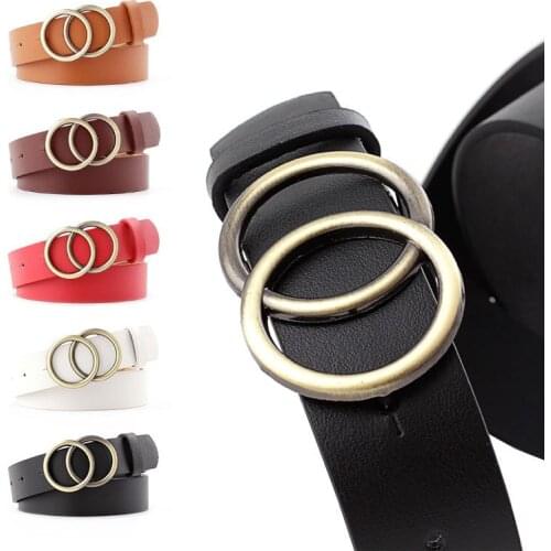 2019 New Women Anitque Brass Big Double Ring Circle Buckle Belt Waistband Vintage Classica Female Leather Straps Belts for Jeans