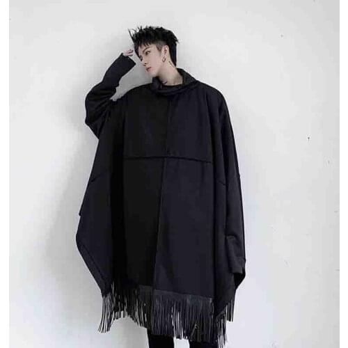 Autumn dark black bat sleeve high collar tassel sweater for mens medium length loose and lazy coat for women