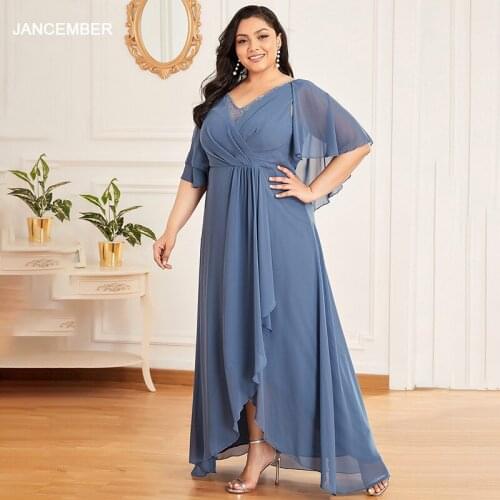 EP06 Dark Blue Plus Size Dress Dignified And Elegant Deep V-neck Short-sleeved Belt Decorative Zipper Design Vestidos