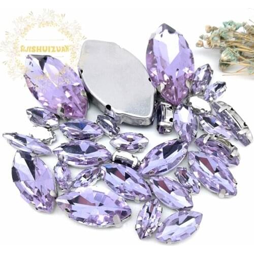 Popular!! MIX Crystal violet Horse eye Size Crystal Glass Sew-on Rhinestones Silver Bottom DIY Womens Dresses and shoes 30pcs