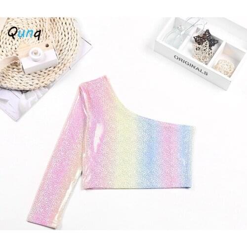 Qunq Girls Shirt Colorful Sequined Fashion Kids Short Style Tops Clothes for Girl Toddler Teens Children Performance Costume