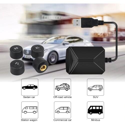 USB Android TPMS Car Tire Pressure Monitor with 4 External Sensors 116 psi Monitoring Alarm System 5V Wireless Transmission TPMS