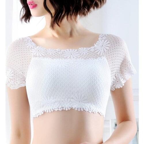 Wommen Sexy Lace Off Shoulder Crop Tops With Bra Short Sleeve Harajuku Bare Shoulder Crochet Top Female Cotton T-Shirt Lace