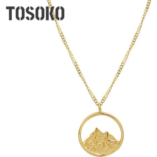 TOSOKO Stainless Steel Jewelry Mountain Wave Relief Pendant Necklace Couple Fashion Clavicle Chain BSP138