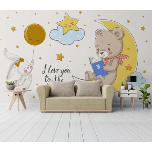 WDBH Custom photo 3d wallpaper Cartoon little bear rabbit star moon childrens room decor 3d wall murals wallpaper for walls 3 d
