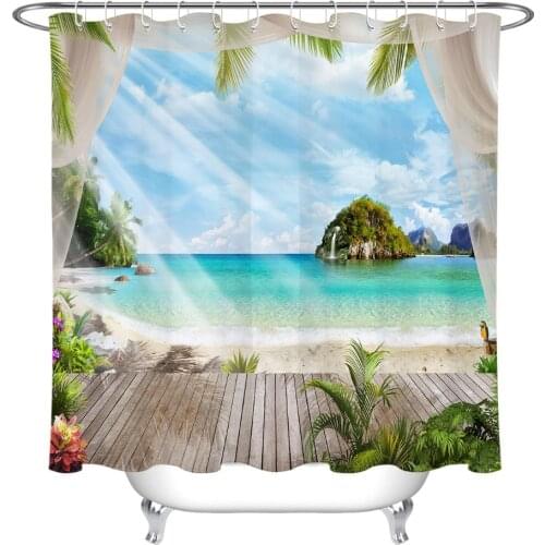 Sea View Palms Shower Curtain Wooden Board Landscape Bathroom Waterproof Polyester Fabric For Bathtub Decor