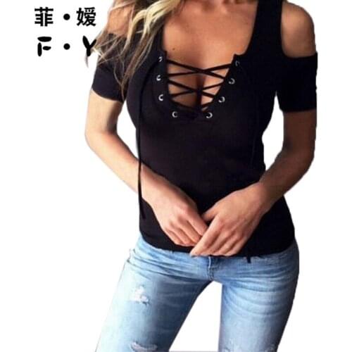 FY 2017 T Shirt Women Fashion New Style Solid V Neck Lace Up Tshirt Regular Harajuku Unicorn Summer T Shirt Plus Size S-5X