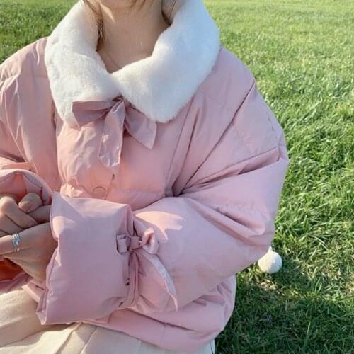 Bella 2021 Winter Women Sweet Single Breasted Bow Coat Female Thick Warm Parkas Jacket Pink Blue Pocket Cute Fur Collar Coats