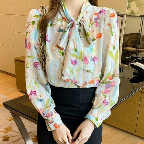 Chikichi 2021 Autumn New Style French Romantic Flower Printing Long-sleeved Bow Collar Women Shirt Fashion Ladies Casual Top