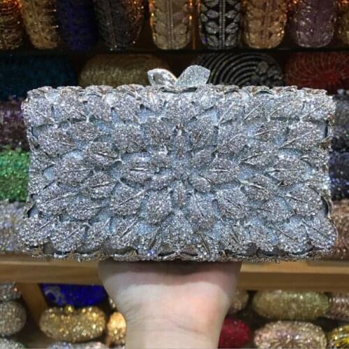 Silver gold Crystal Women Evening Wedding Cocktail Handbag Clutch Hardcase Metal Box Bridal Chain Shoulder credit card Purse