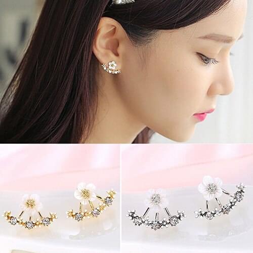 Womens Flower Zircon Ear Jacket Korean Style Copper Ear Studs Earrings Jewelry ARFP