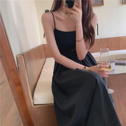 2021 Women Summer Black Elastic Bodycon Camisole Dress Sexy Sleeveless Spaghetti Strap Dresses A-line High Waist Sundress