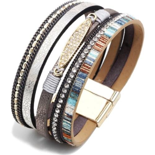 Pink Purple Girl Multilayer Feather Rhinestone Beads Chain Link Brown Fashion Cuff Bangle Leather Bracelets Women Female Jewelry