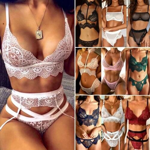 Womens Lace Erotic Lingerie Sexy Lingerie Lace Tops Bra Ladies Triangle Thong Underwear Set Nightwear Sleepwear Black White Red