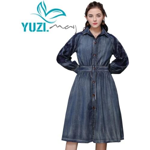 Women Dress 2020 Yuzi.may Boho New Denim Women Dresses Turn-down Collar Lantern Sleeve A-line Vestidos A82202 Vintage Vestido