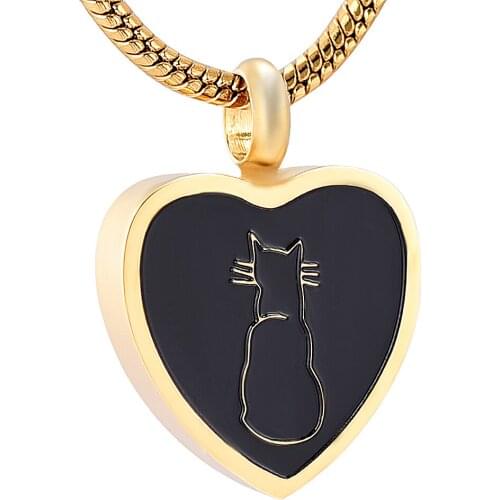 Gold/Black/Rose Gold Color Cat Cremation Urn Penadant 316L Stainless Steel Heart Memorial Ashes Holder Necklace for Women Men