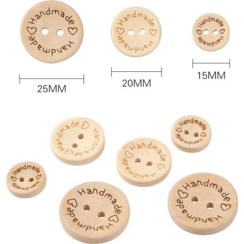 100Pcs/Pack 15mm Round Two Holes Buttons Natural Color Hand Made Love Letter Sewing Wood Button Baby Apparel Accessories