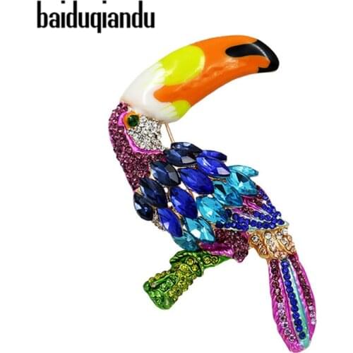 Baiduqiandu Brand Beautiful Multi-Colors Crystal Long Mouth Parrots Brooch for Womens Fashion Costume Jewelry