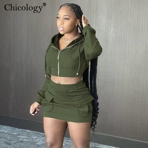 Chicology Plaid Sweatshirt Skirt 2 Two Piece Matching Set Long Sleeve Crop Top Women Autumn Winter Outfits Streetwear Clothes