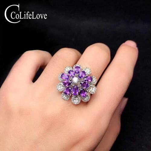 CoLife Jewelry 925 Silver Flower Ring with Amethyst 15 Pieces Natural Amethyst Silver Ring Fashion Silver Amethyst Jewelry