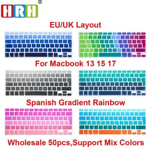 HRH Wholesale 50pcs EU/UK Spanish ESP Rainbow Silicone Keyboard Cover Keypad Skin Protector for Macbook Air Pro Retina 13 15 17