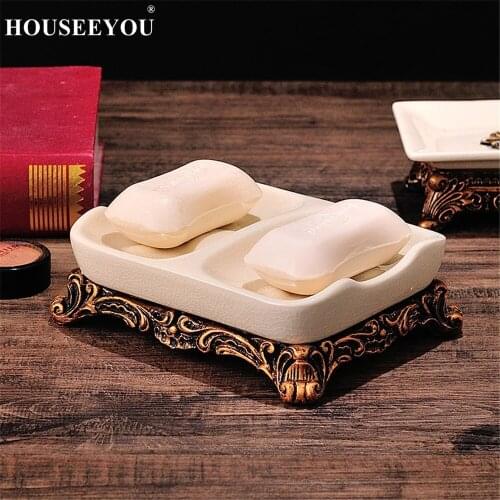 European Style Retro Ceramic Double Blocks Soap Dish with Drain Holes Rack Plate Holder Bath Tray Bathroom Decorative Crafts
