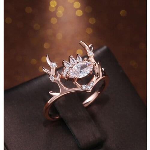 Lovely elk antler lady ring inlaid with oval zircon hand ornament girls birthday gift fashion jewelry