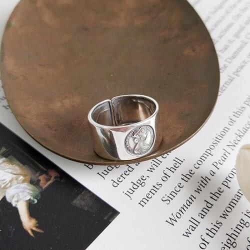 925 Sterling Silver European and American Vintage Portrait Avatar Relief Queen Ring Wide Bands Open Ending Adjustable Size