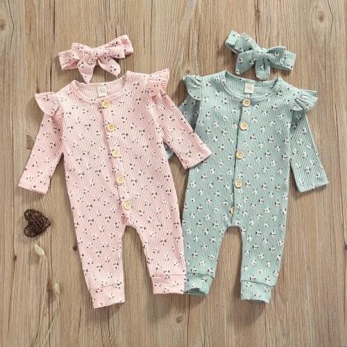 Autumn Winter Newborn Babys Casual Long Sleeve Jumpsuit Cute Lovely Printing Single-breasted Long Romper For Toddler Girls