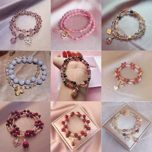 Korea Exquisite Multi-circle Natural Stone Crystal Bracelet Strawberry Crystal Pearl Love Vanves Stone Girlfriend Bangles