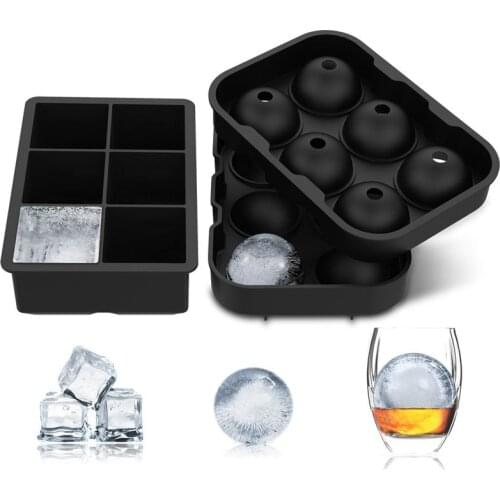 Ice Square Trays (Set of 2) Black Silicone 6 Giant Ice Ball Square Maker Use for Kids with Candy Pudding Jelly Milk Juice Chocol